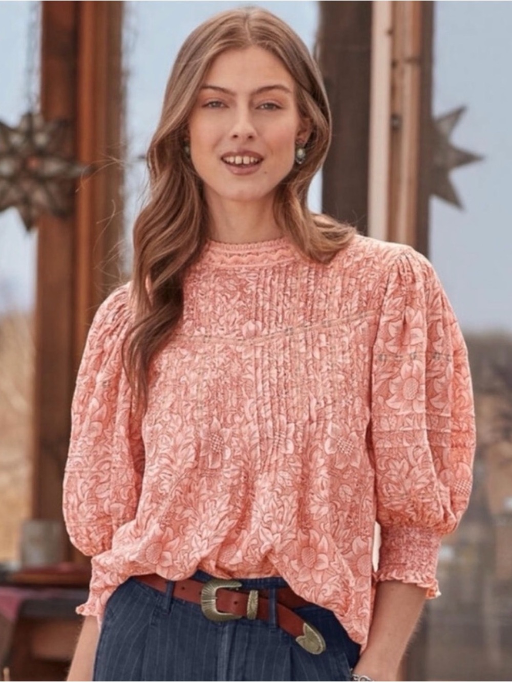 Sundance Pink Cream Floral Gauze Pintuck Boho Peasant Blouse Puff Sleeve XXL